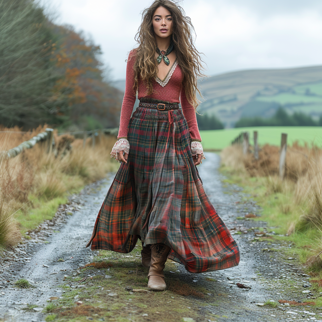Women's Retro Plaid V-neck Long-sleeve Long Skirt Pastoral Style Maxi Long Dress