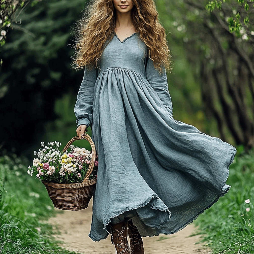 Women's Linen Bohemian Style Solid V-neck Long-sleeve Maxi Long Dress