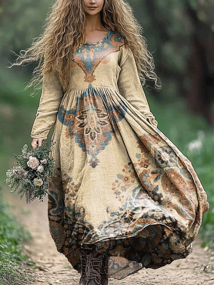 Women's Bohemian Floral Print Crew Neck Pocket Cotton Dress