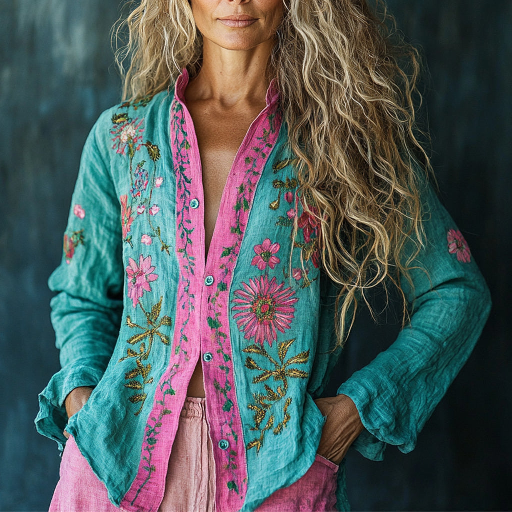 Women's Linen Bohemian Flower Print Long-sleeve Top Shirt