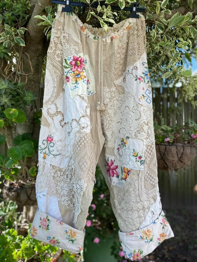 Hamivibe Vintage Floral Lace Patchwork Fabric Casual Wide-leg Pants 7a30
