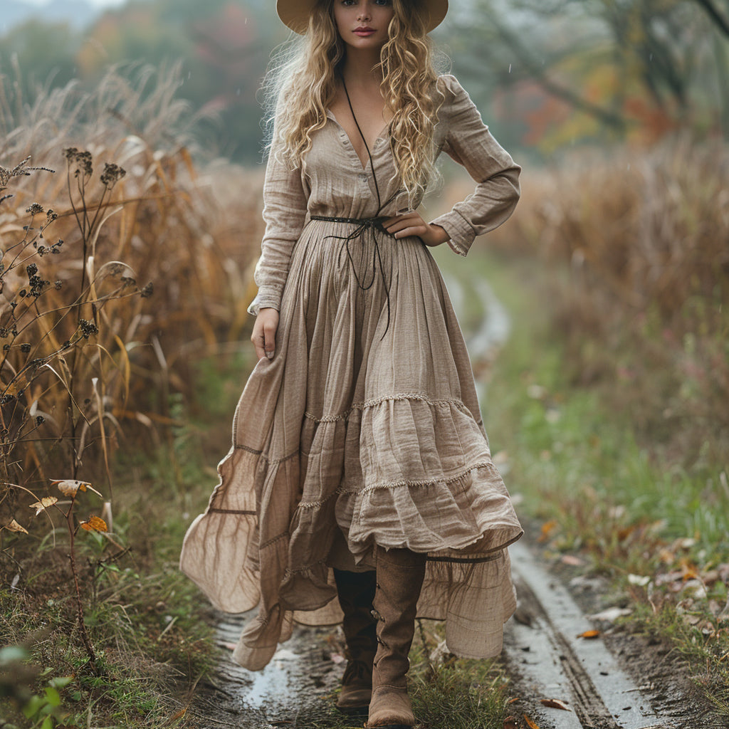 Women's Vintage V-neck Bohemian Pastoral Style Long-sleeve Maxi Long Dress