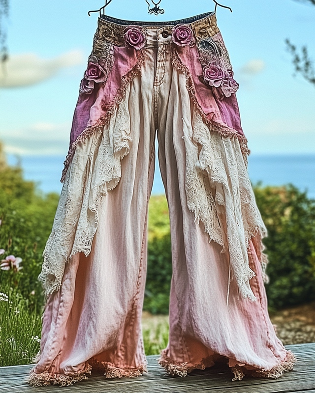 Summer Vacation Ruffle Lace Denim Patchwork Pants f3e8