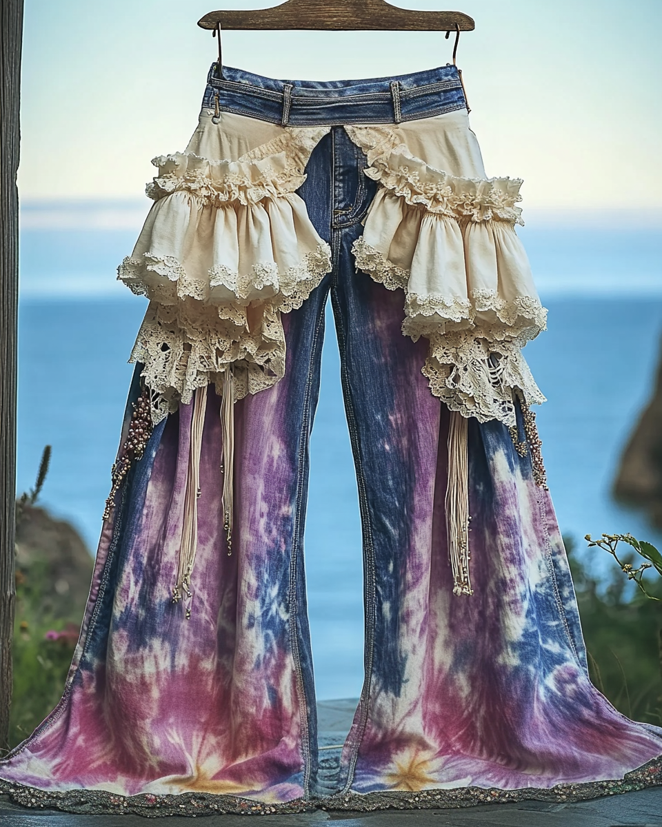 Summer ruffled denim cotton and linen patchwork contrast color pants 3ee9