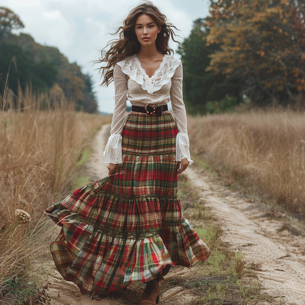 Women's Retro Plaid V-neck Long-sleeve Long Skirt Pastoral Style Maxi Long Dress