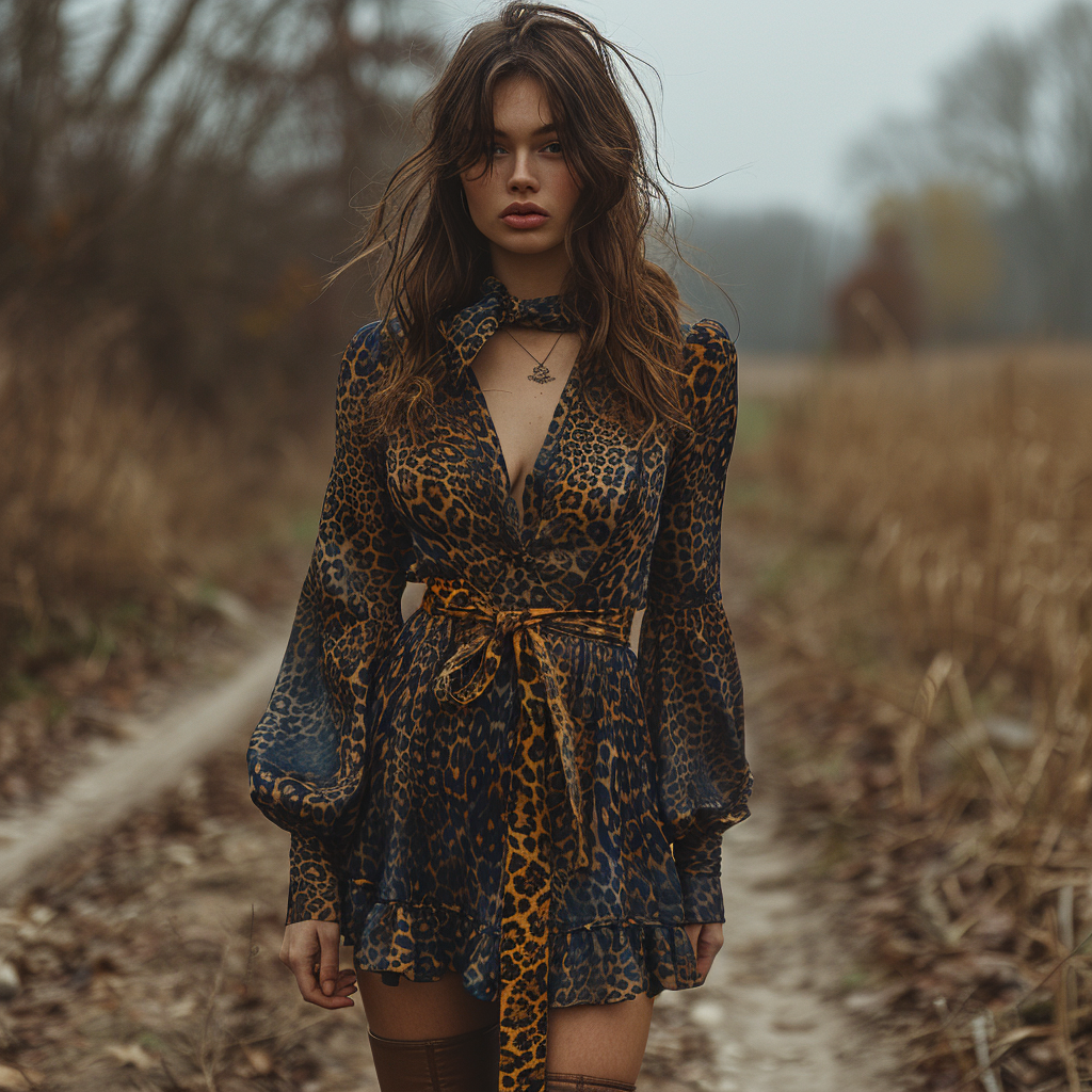 Women's Retro Pastoral Leopard Style Long-sleeve Short Skirt Dress
