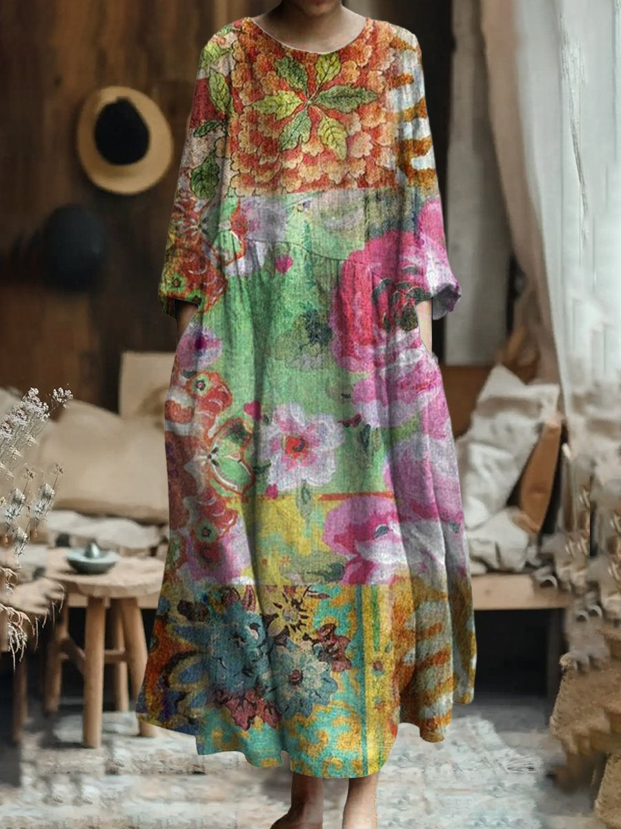 Women's Vintage Floral Art Print Pocket Cotton Dress
