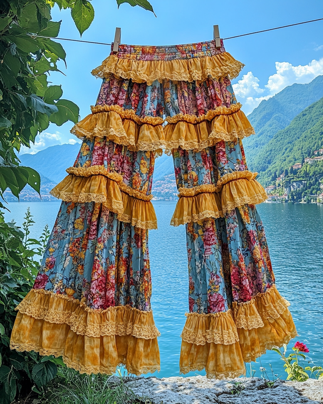 Summer ruffled cotton and linen patchwork contrast color pants 348b