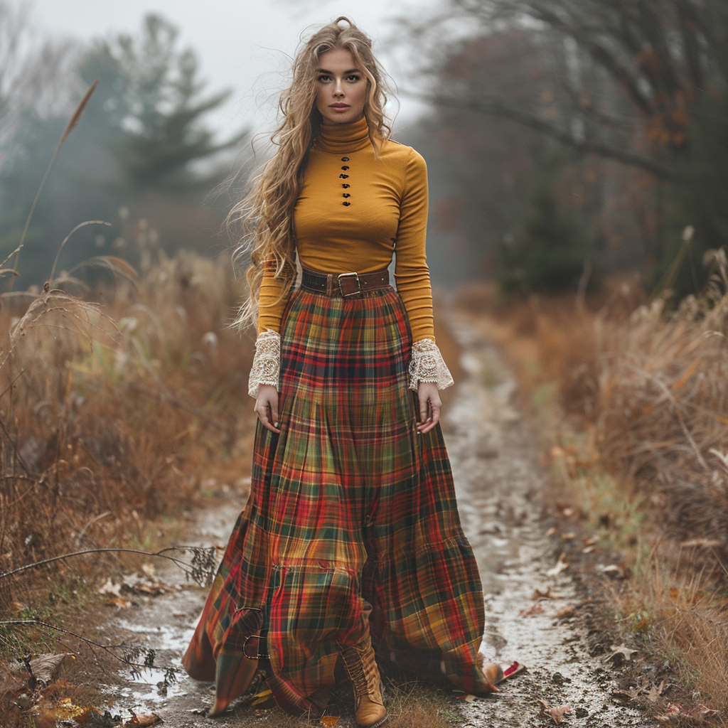 Women's Retro High Neck Long-sleeve Long Skirt Plaid Pastoral Style Maxi Long Dress