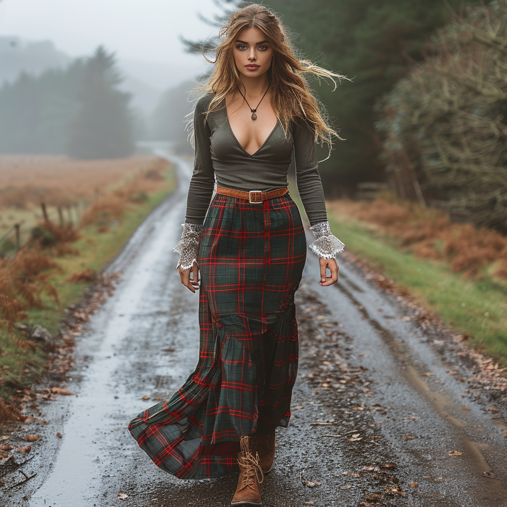 Women's Retro Plaid V-neck Long-sleeve Long Skirt Pastoral Style Maxi Long Dress