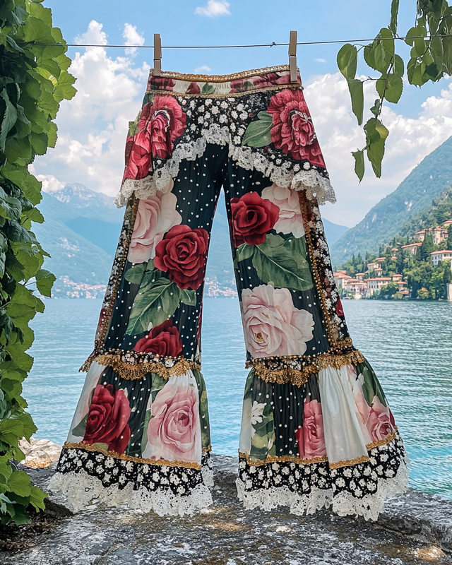 Summer ruffled cotton and linen patchwork contrast color pants 5671