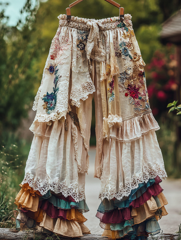 Summer rainbow lace hand-embroidered patchwork pants 9f2d