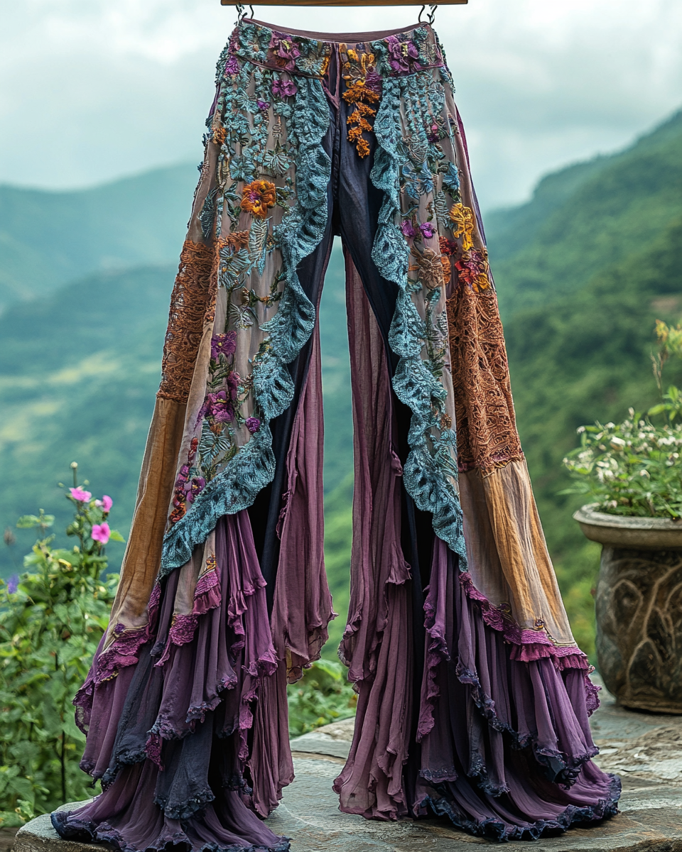 Summer ruffled denim cotton and linen patchwork contrast color pants f6c6