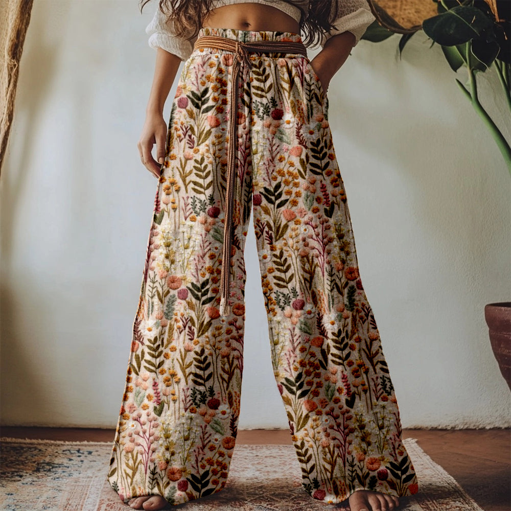 Boho Wildflower Embroidered Linen Blend Comfy Pants 870d