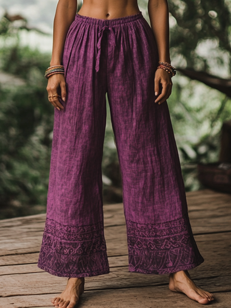 Bohemian Holiday Style Linen Bohemian Floral Print Linen Long Loose Wide-leg Pants 5a4b