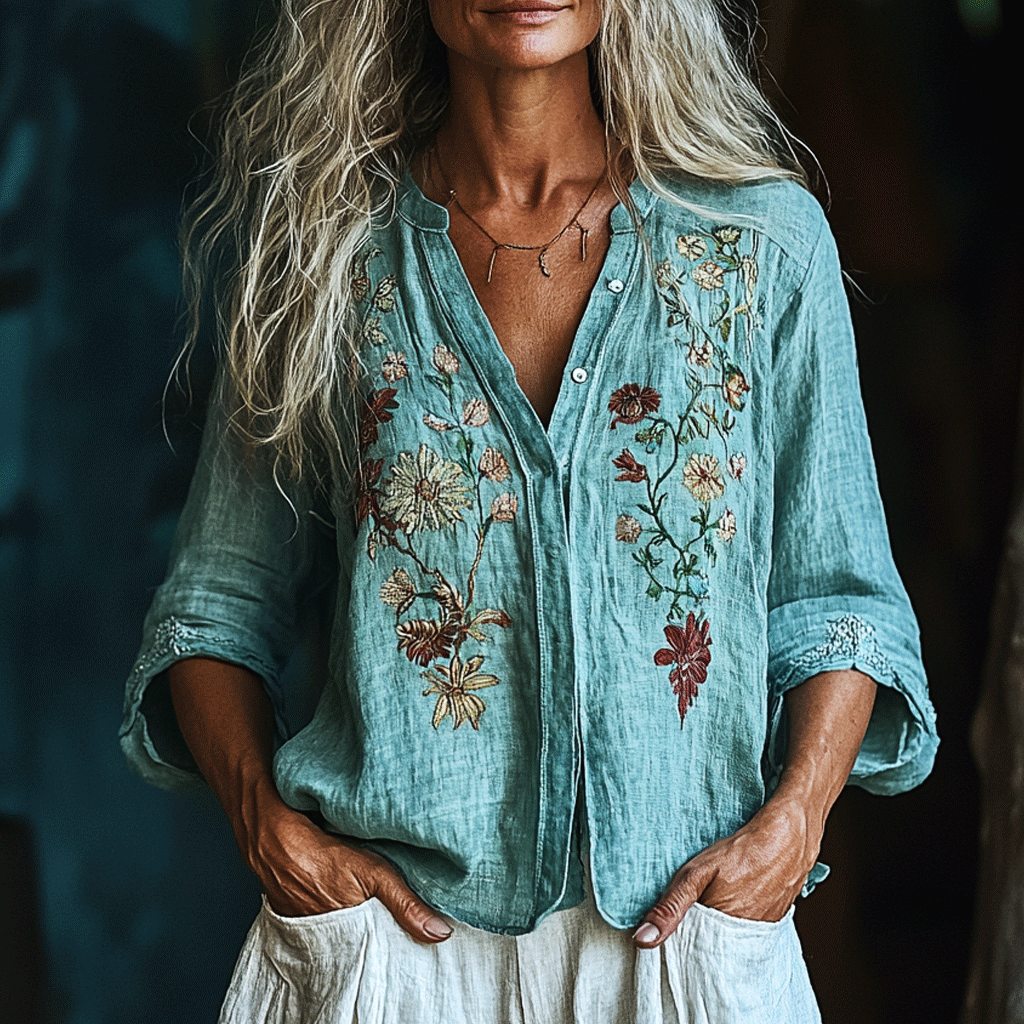 Women's Casual Bohemian Linen Floral Style Long-sleeve Top Shirt