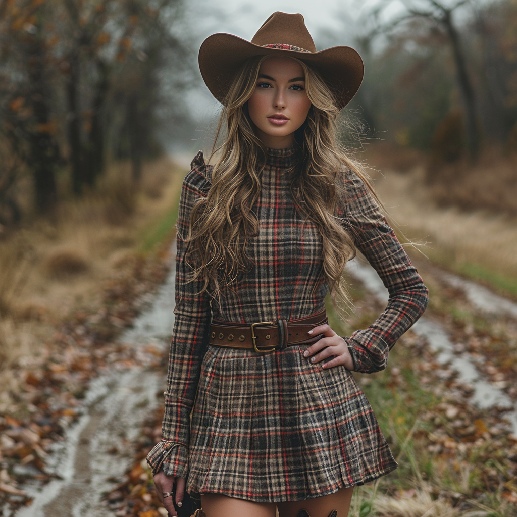 Women's Retro Plaid Pastoral Denim Style Long-sleeve Mini Short Dress