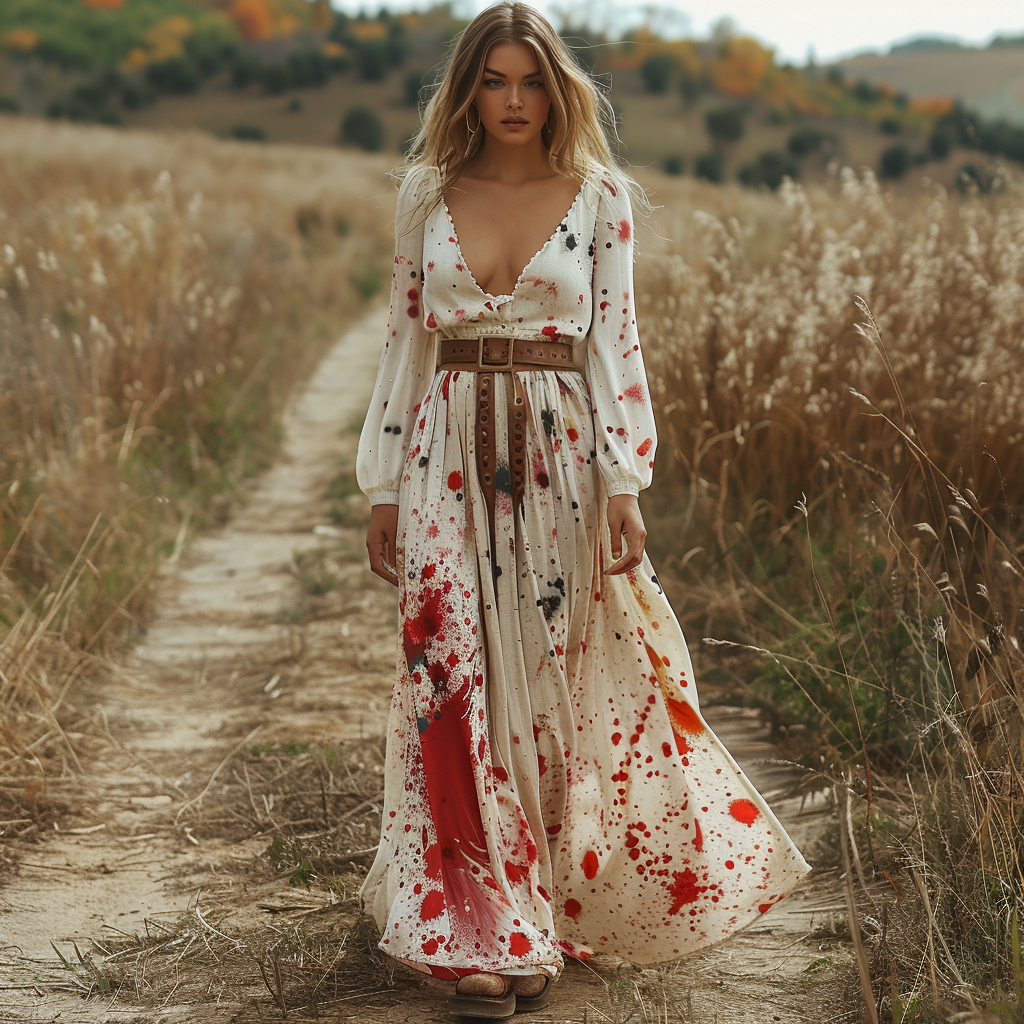 Women's Retro V-neck Pastoral Halloween Party Style Long-sleeve Maxi Long Dress