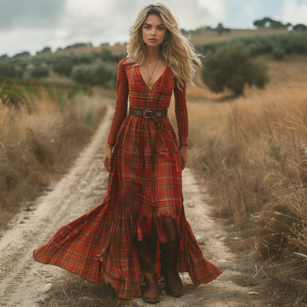 Women's Vintage V-neck Bohemian Pastoral Style Long-sleeve Maxi Long Dress
