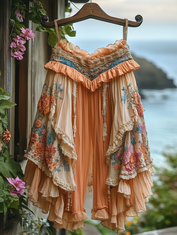 Summer ruffled cotton and linen patchwork contrast color pants 3341