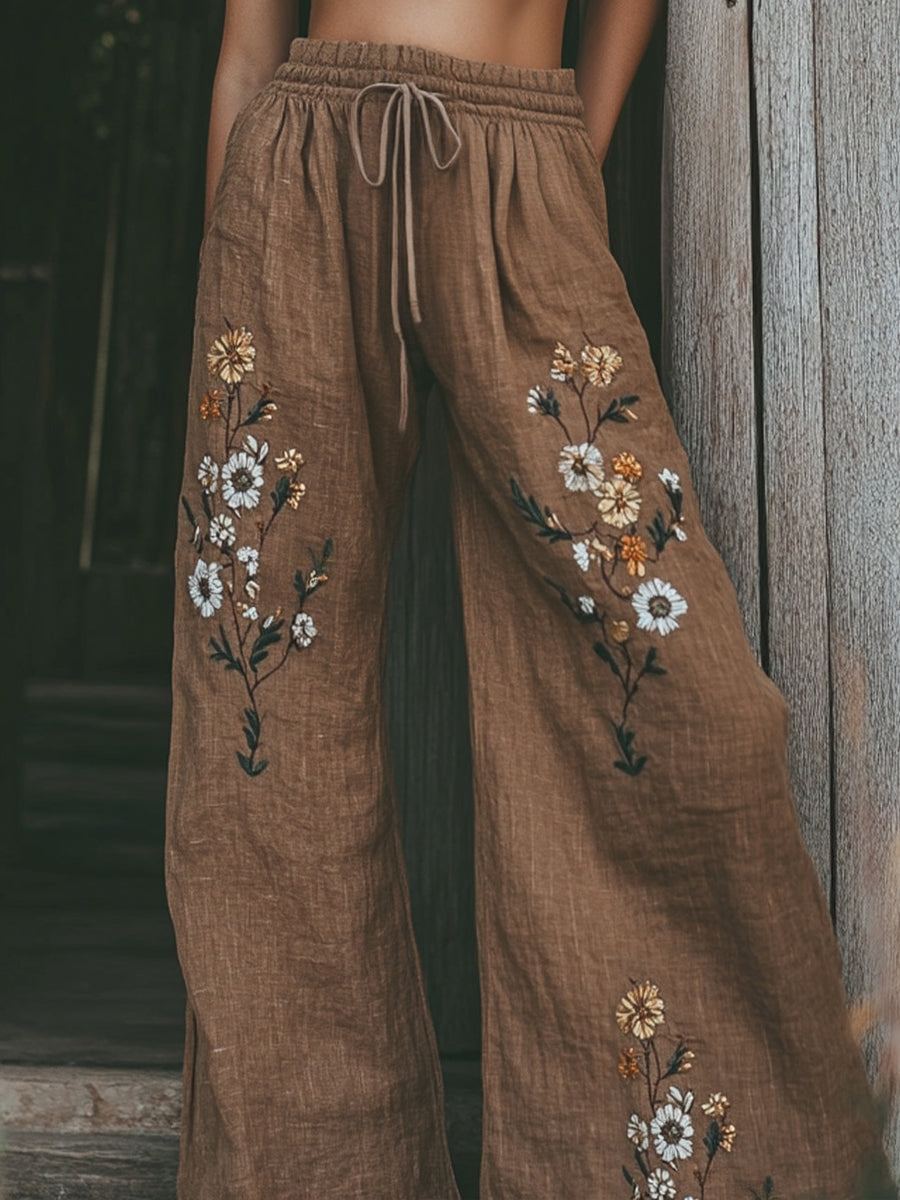 Women's Vintage Floral Embroidered Pattern Linen Blend Casual Pants 4e9c