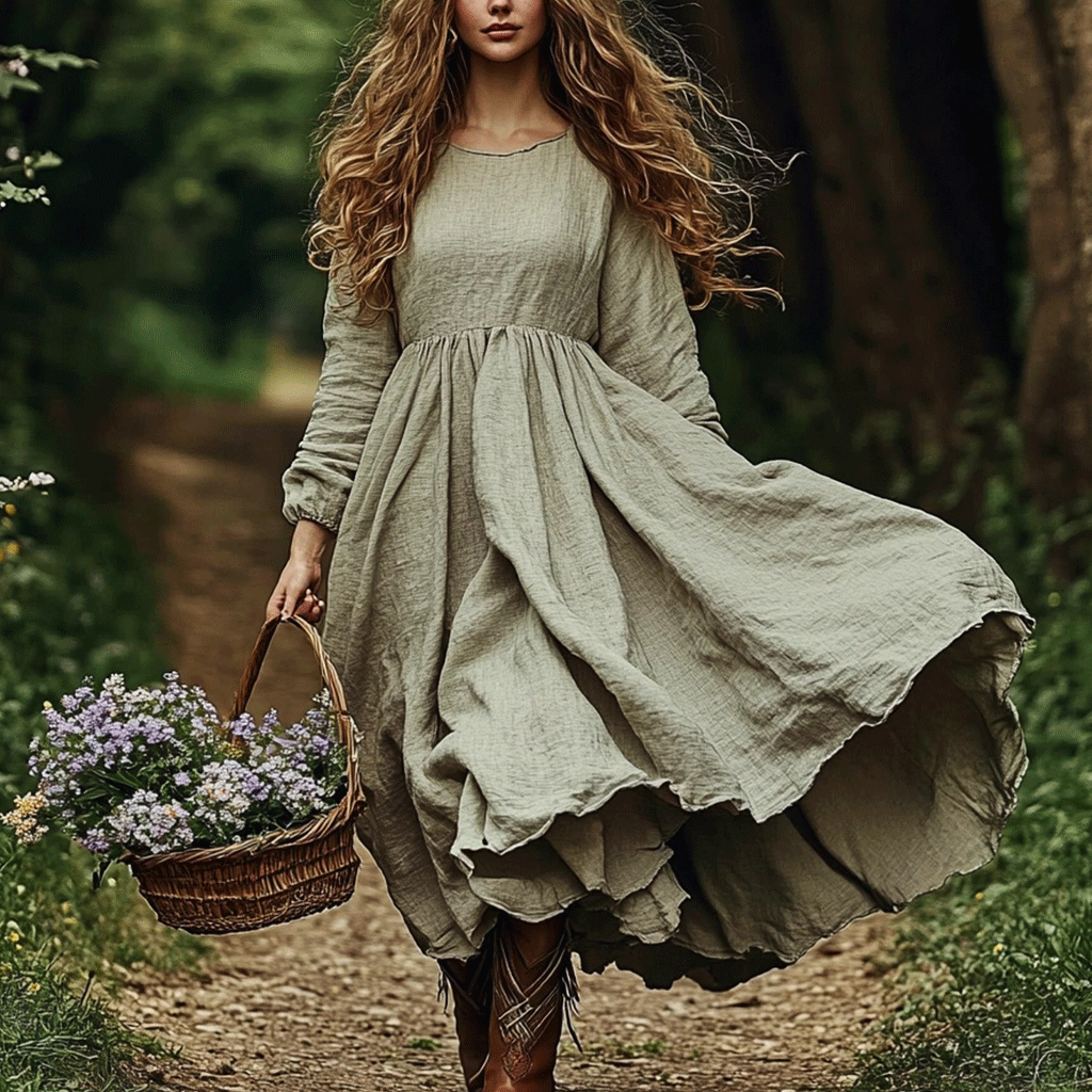 Women's Linen Bohemian Style Solid Ethnic Simple Maxi Long Dress