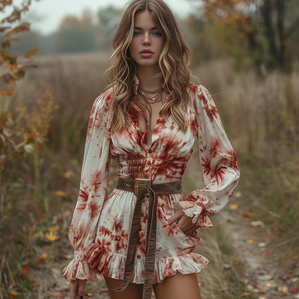 Women's Retro V-neck Tie Dye Pastoral Style Halloween Party Mini Short Dress