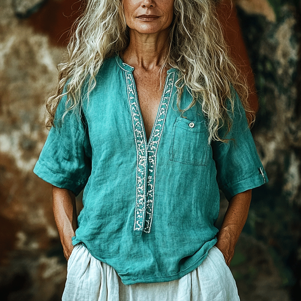 Women's Linen Bohemia Plain Style Short-sleeved Breathable Top Shirt