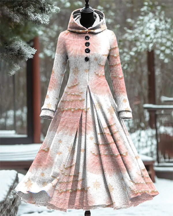 Vintage Pink Christmas Tree Print Long Sleeve Fake Two-Piece Dress