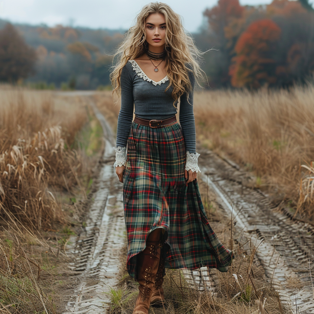 Women's Retro Plaid V-neck Long-sleeve Long Skirt Pastoral Style Maxi Long Dress