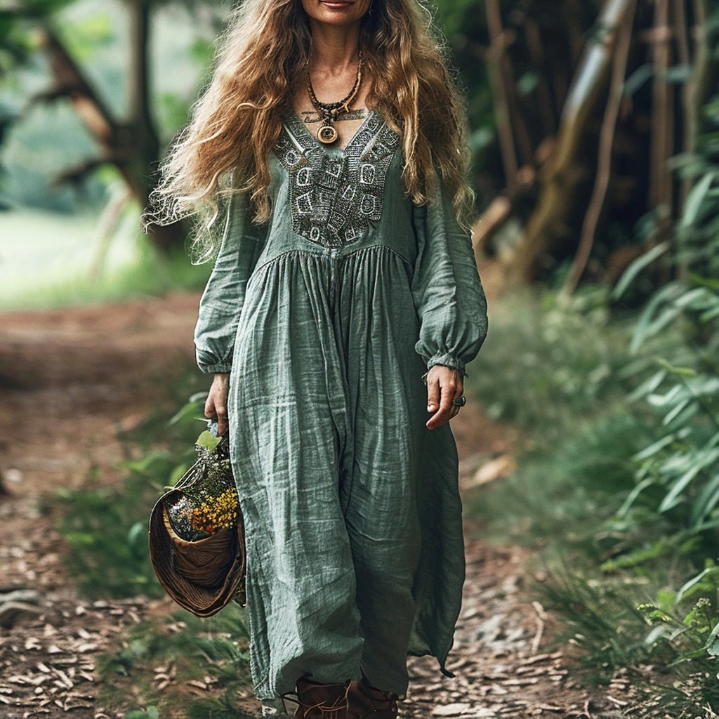 Women's Linen Ethnic Loose Maxi Long Dress