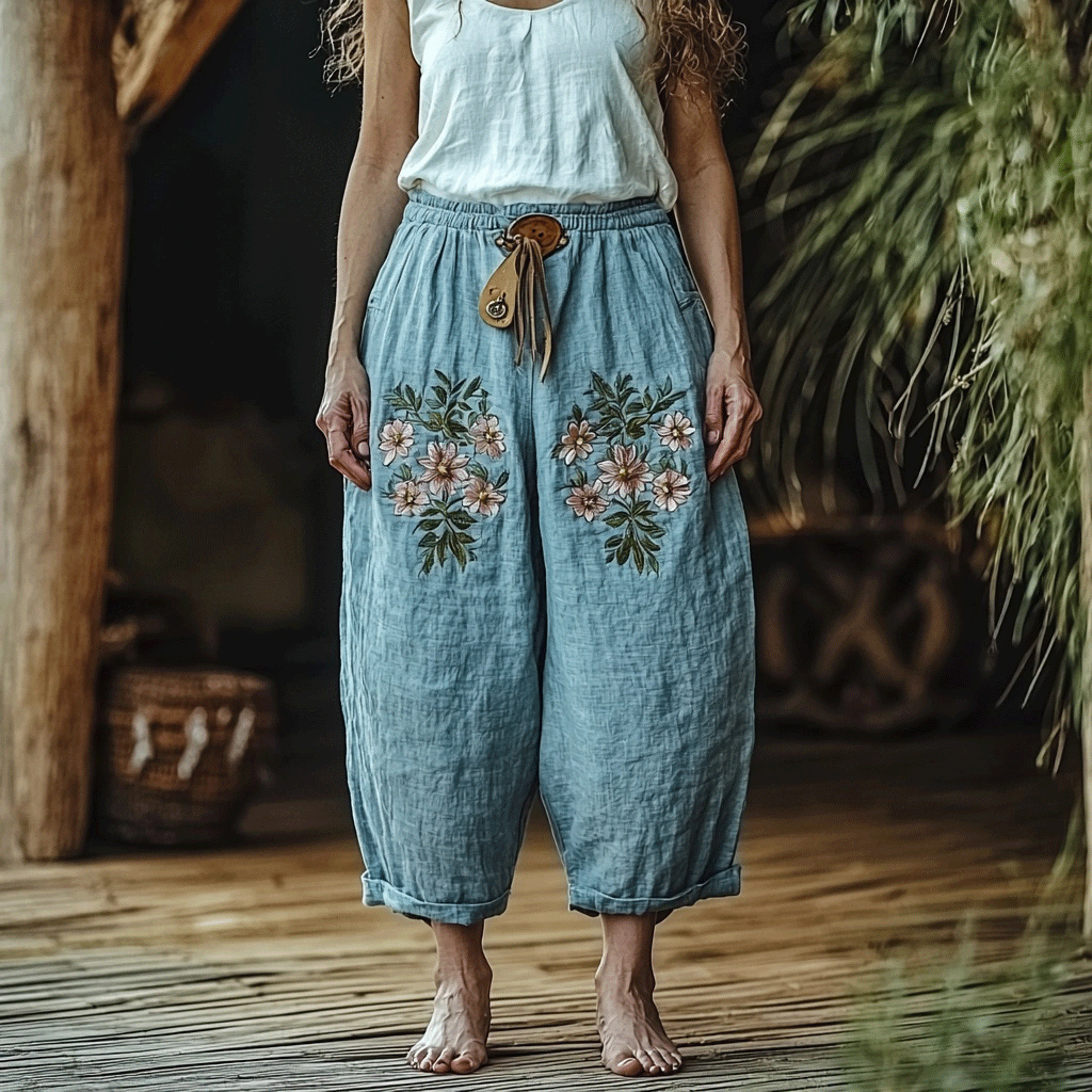 Women's Linen Bohemian Floral Style Cropped Harem Trouser Pants