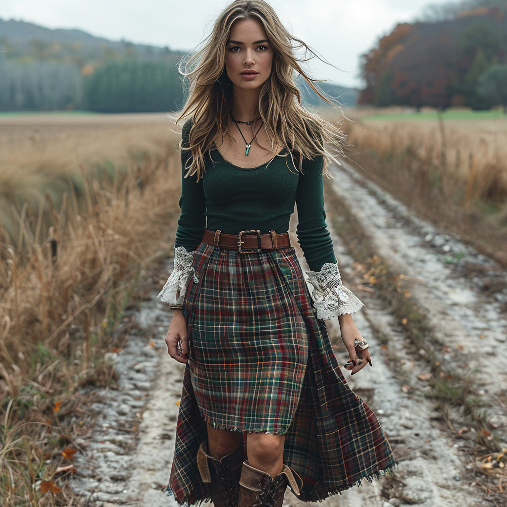 Women's Retro Round Neck Long-sleeve Long Skirt Plaid Pastoral Style Maxi Long Dress