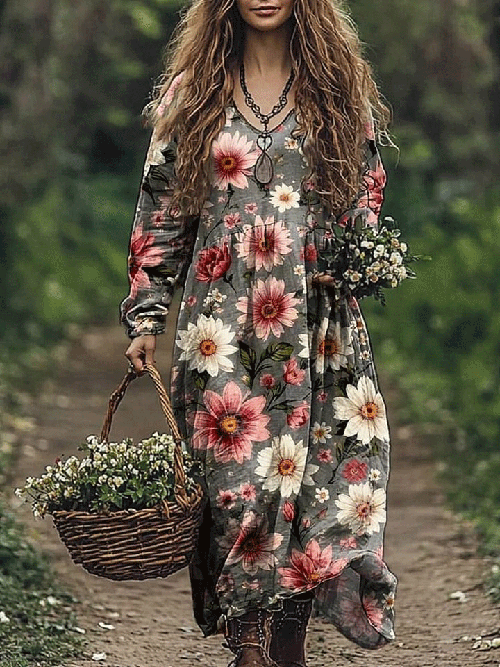 Women's Lovely Floral Art Print Pocket Cotton Dress