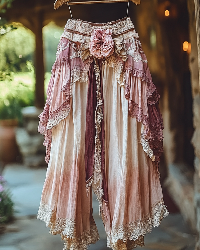 Summer ruffled cotton and linen patchwork contrast color pants ad5b