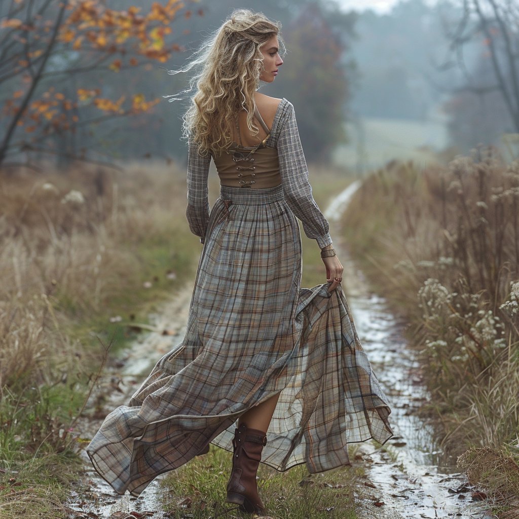 Women's Retro Pastoral Style Plaid Long-sleeve Sexy Maxi Long Dress