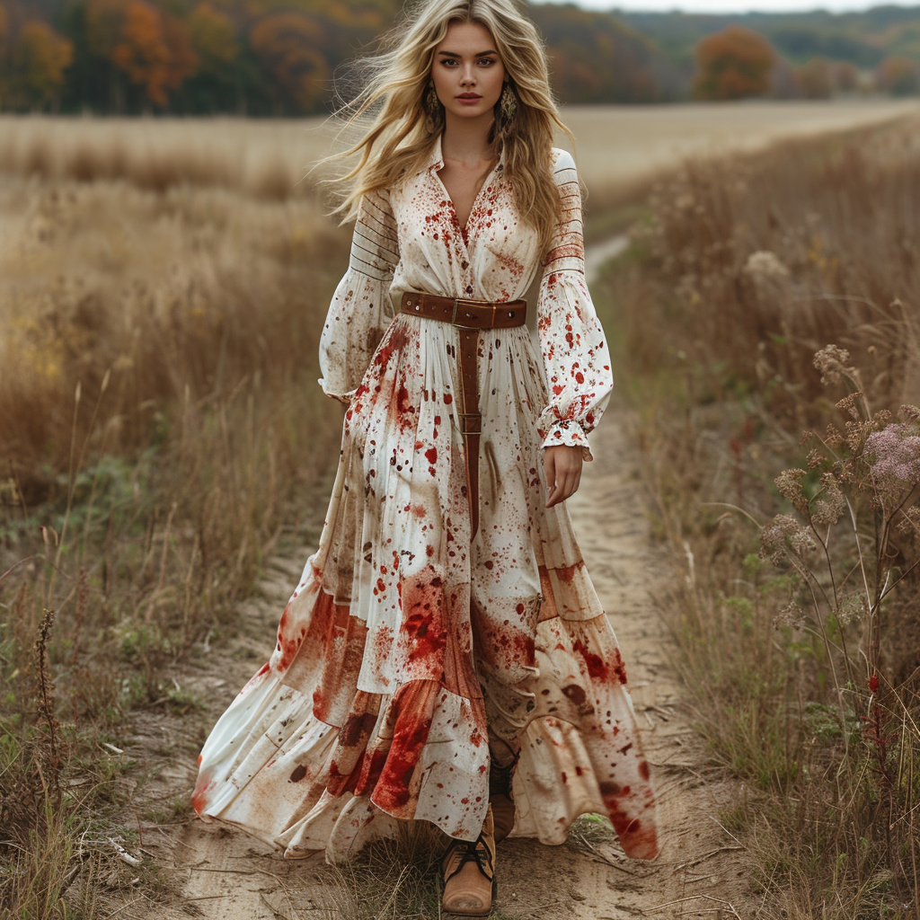 Women's Retro V-neck Pastoral Halloween Party Style Long-sleeve Maxi Long Dress