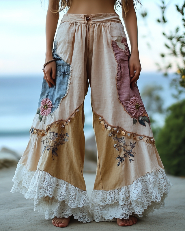 Summer Vacation Lace Handmade Floral Embroidery Pants d8d3