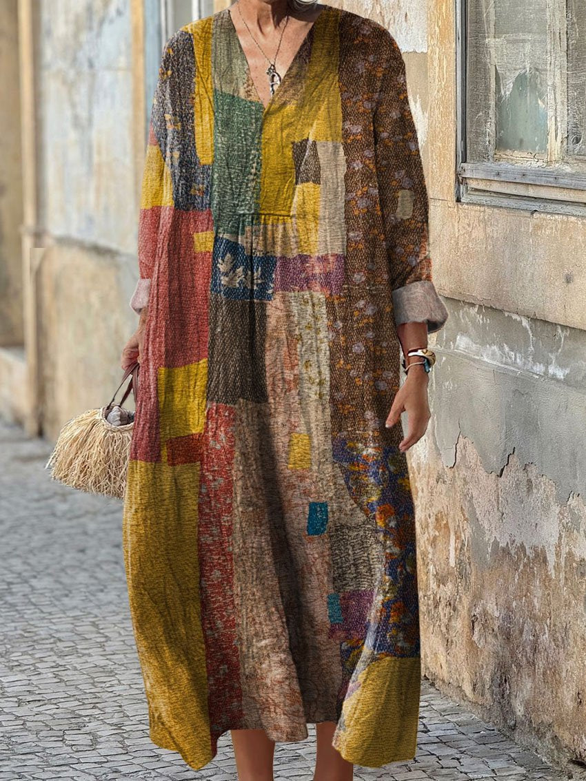 Women's Vintage Patchwork Art Print V Neck Long Sleeve Dress