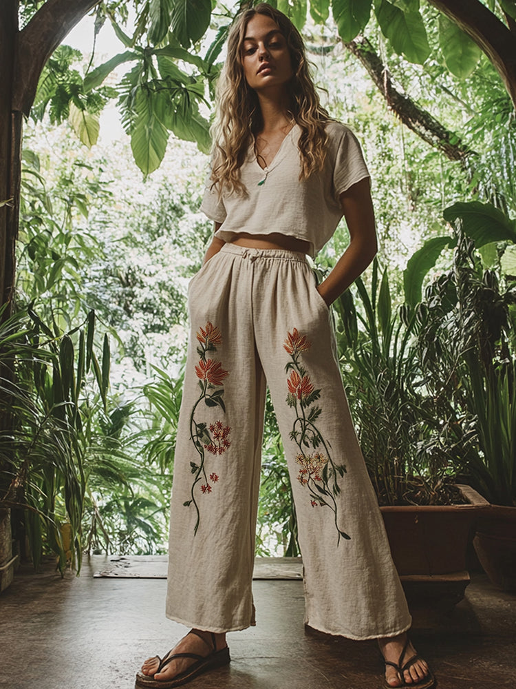 Women's Boho Floral Art Linen Lounge Pants acfc