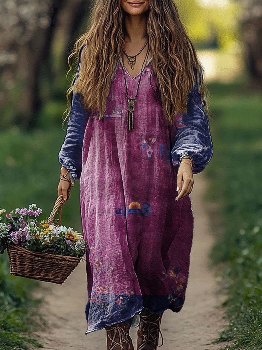 Women's Vintage Patchwork Pattern Art Print Pocket Cotton V Neck Long Sleeve Dress