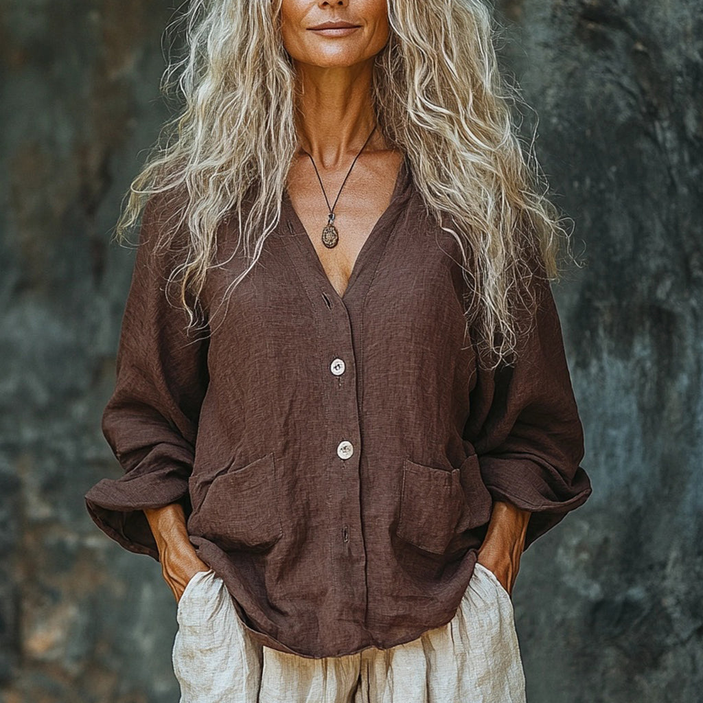 Women's Solid Linen Long-sleeve Top Shirt