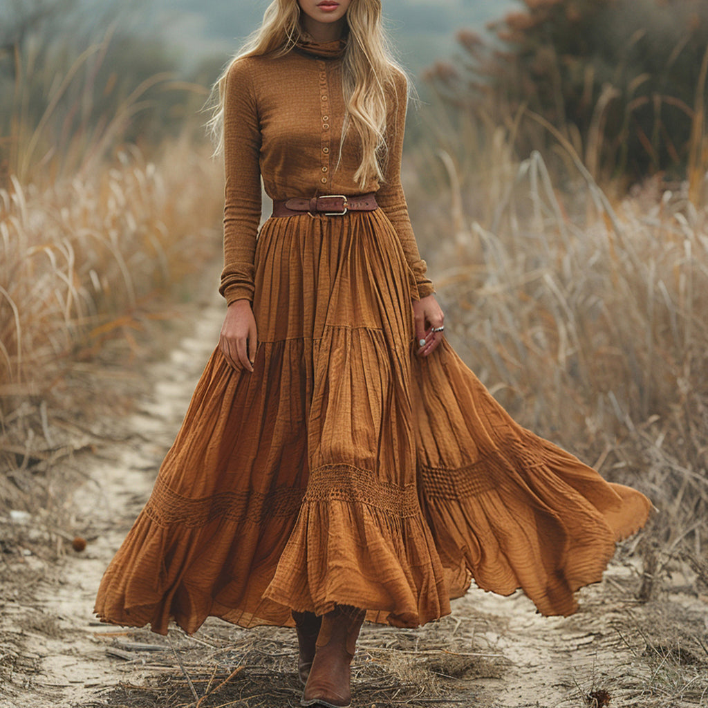 Women's Vintage Country Pastoral Linen Style Long-sleeve Maxi Long Dress
