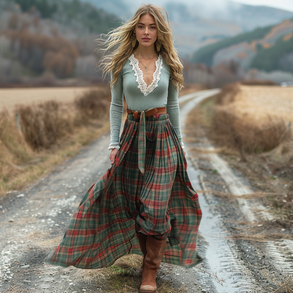 Women's Retro Plaid V-neck Long-sleeve Long Skirt Pastoral Style Maxi Long Dress