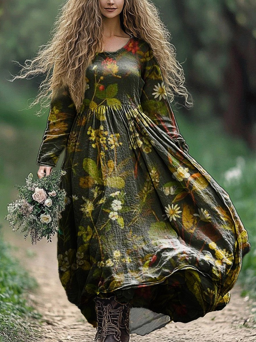 Women's Vintage Floral Art Print Pocket Cotton Dress