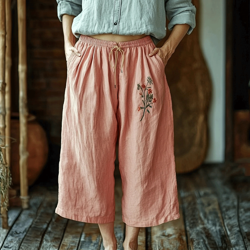 Women's Linen Bohemian Style Floral Casual Wide-leg Trouser Pants