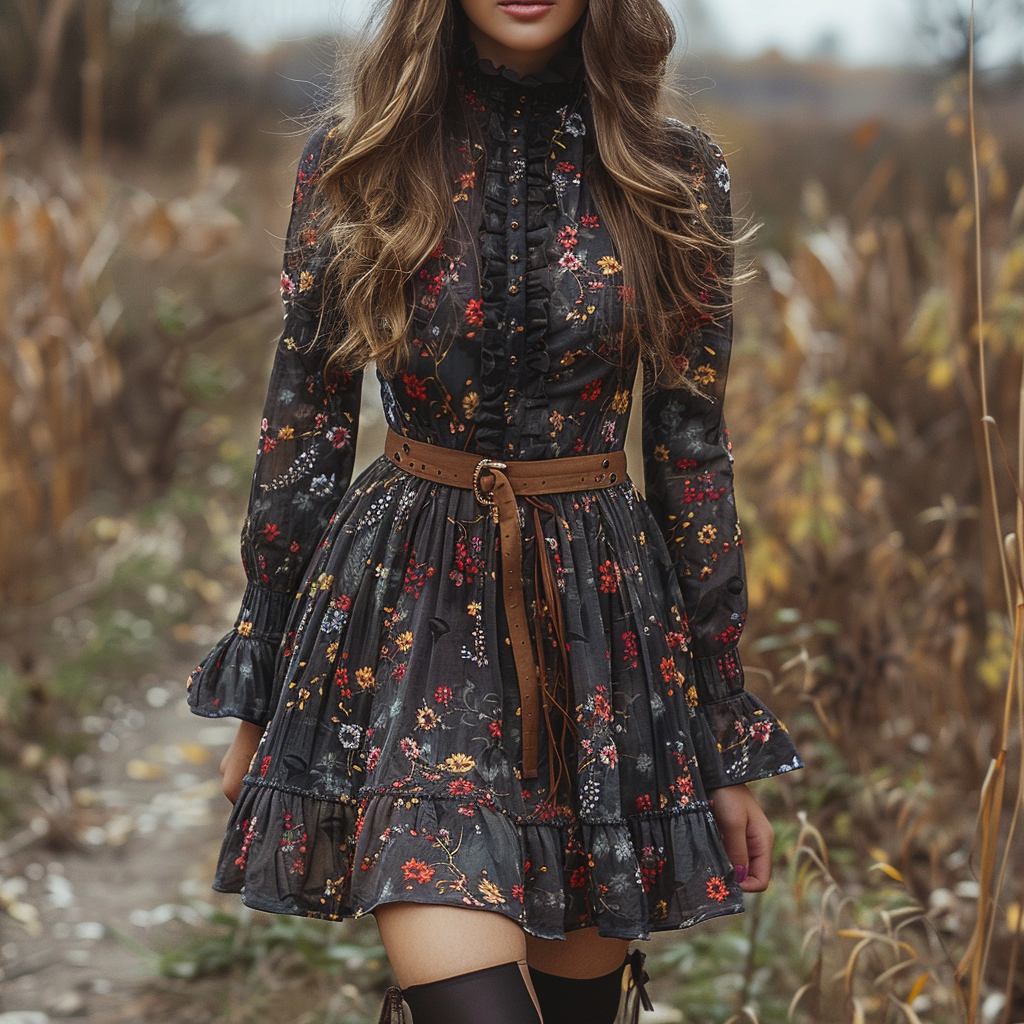Women's Retro Floral Bohemian Pastoral Style Long-sleeved Mini Short Dress