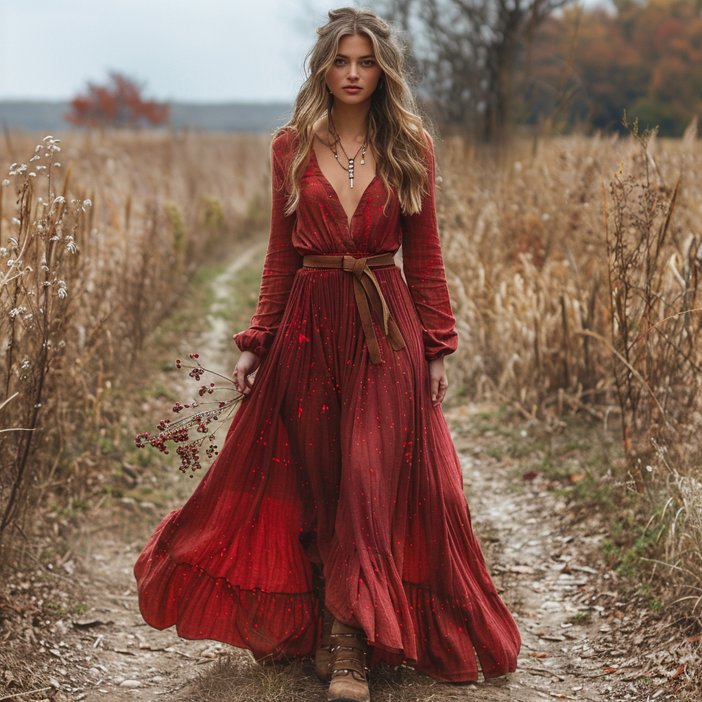 Women's Retro V-neck Floral Long-sleeve Bohemian Pastoral Style Maxi Long Dress