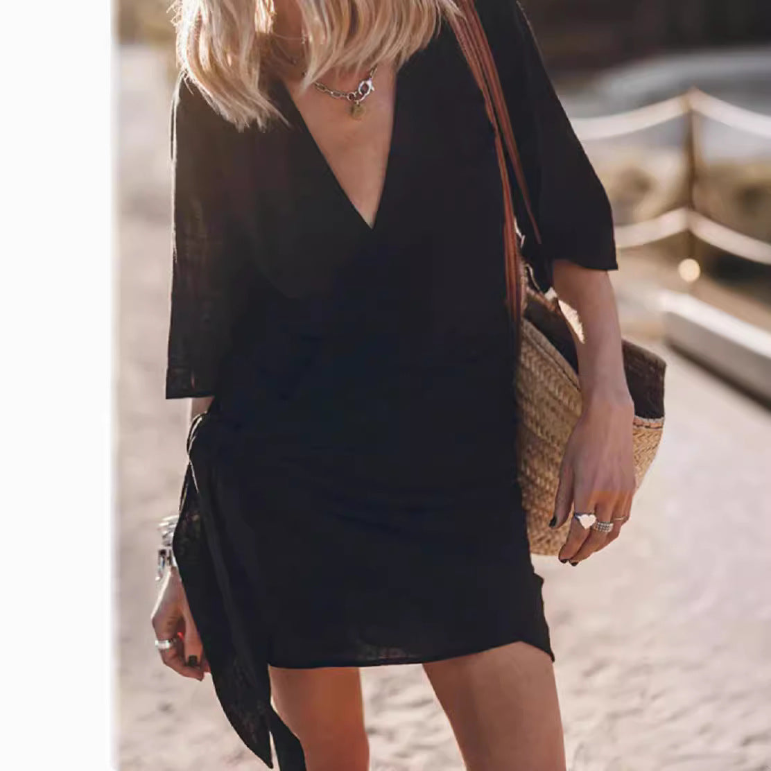 Casual Linen Cross Style V-neck Short-sleeved Dress