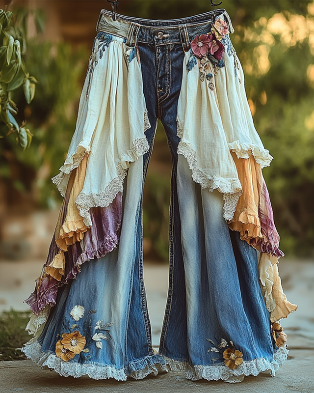 Summer Ruffle Linen Lace Splicing Denim Embroidery Pants fe4a